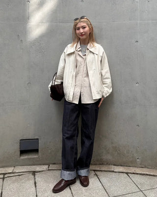 (Unisex) Two-pleat rigid denim pants