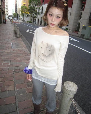 Double Horse Raglan Shoulder Long T-Shirt