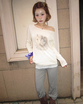 Double Horse Raglan Shoulder Long T-Shirt