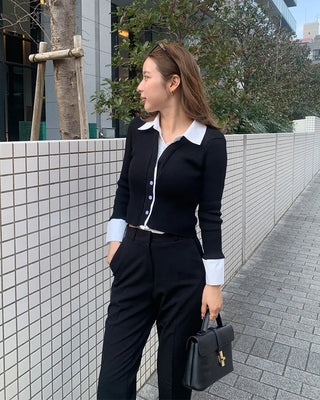 Shirt-layered long-sleeved cardigan
