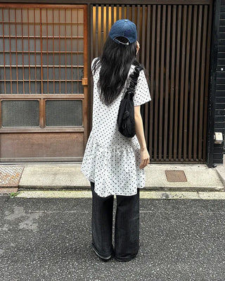 Dot pattern shirred short-sleeved dress