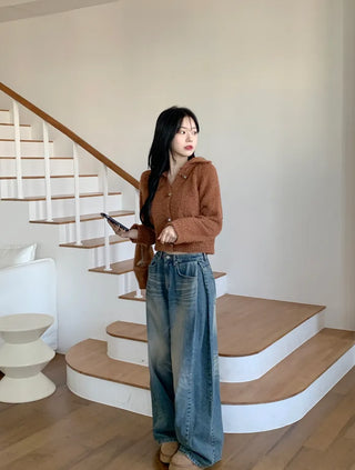 Washed denim wide-leg pants