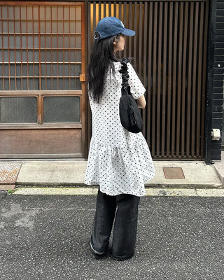 Dot pattern shirred short-sleeved dress