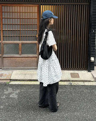 Dot pattern shirred short-sleeved dress
