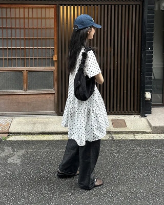 Dot pattern shirred short-sleeved dress