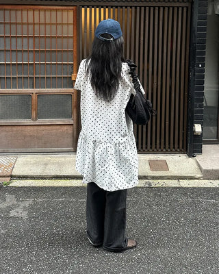 Dot pattern shirred short-sleeved dress