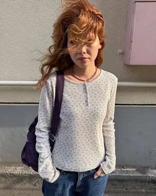 Henley Neck Flower Thermal Long T-Shirt