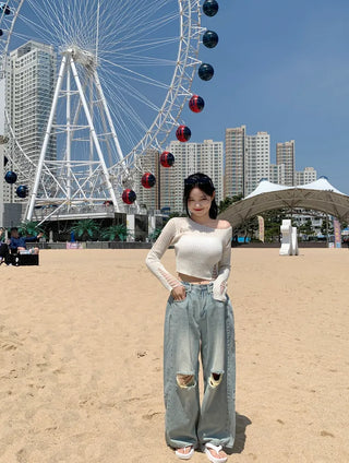 Summer distressed boat neck cropped knit (5 colors)