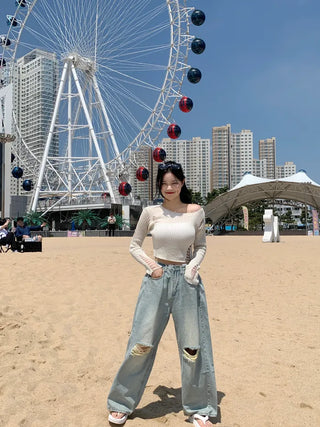 Summer distressed boat neck cropped knit (5 colors)