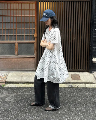 Dot pattern shirred short-sleeved dress
