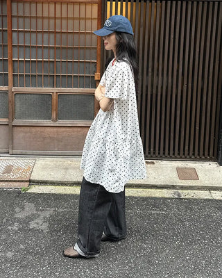 Dot pattern shirred short-sleeved dress