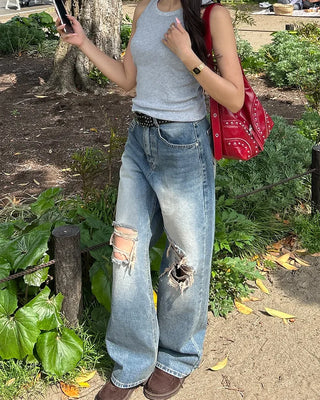 Vintage distressed wide-leg denim pants
