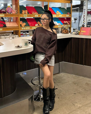 Wide-waisted ribbed sweatshirt mini skirt