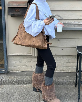 Double Studded Vintage Leather Tote Bag