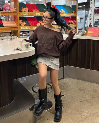 Wide-waisted ribbed sweatshirt mini skirt