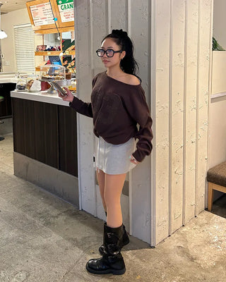 Wide-waisted ribbed sweatshirt mini skirt