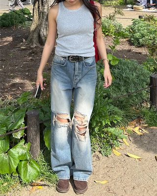 Vintage distressed wide-leg denim pants