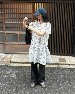Dot pattern shirred short-sleeved dress