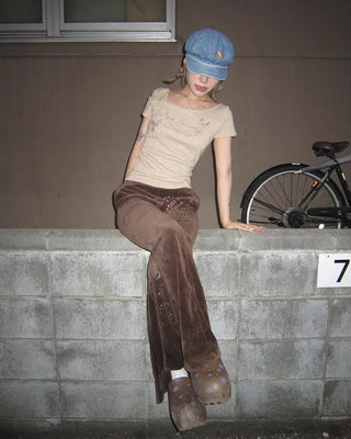 Ribbon Shoulder Butterfly Cap Ribbed T-Shirt