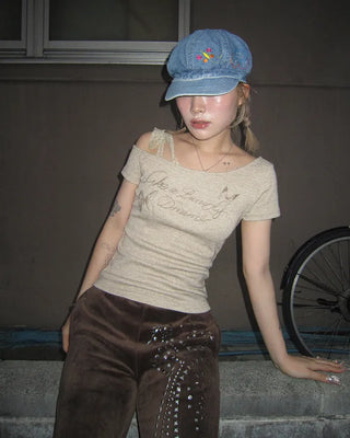 Ribbon Shoulder Butterfly Cap Ribbed T-Shirt