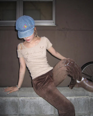 Ribbon Shoulder Butterfly Cap Ribbed T-Shirt