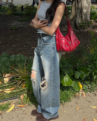 Vintage distressed wide-leg denim pants