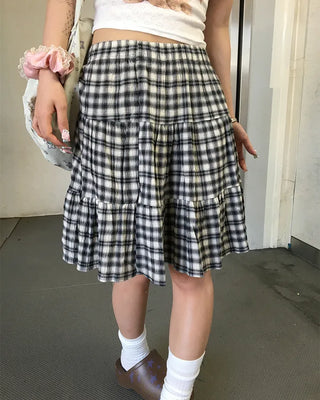 Tartan check tiered midi skirt