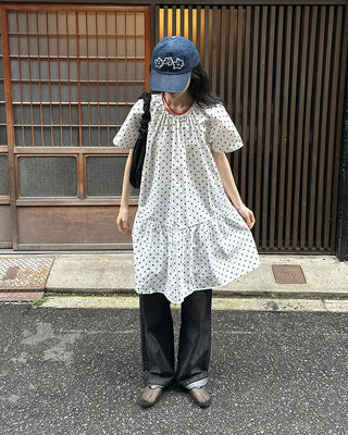 Dot pattern shirred short-sleeved dress