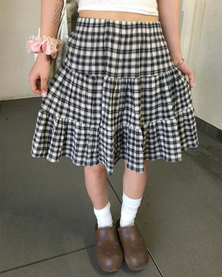 Tartan check tiered midi skirt