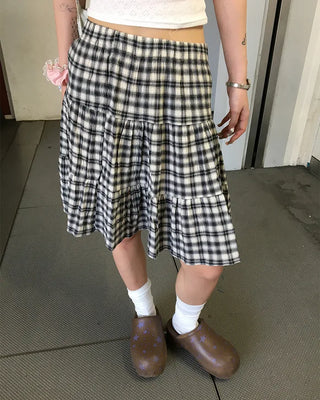 Tartan check tiered midi skirt