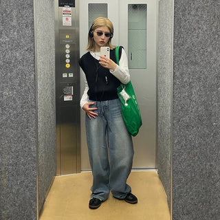 Washed wide-leg long denim pants
