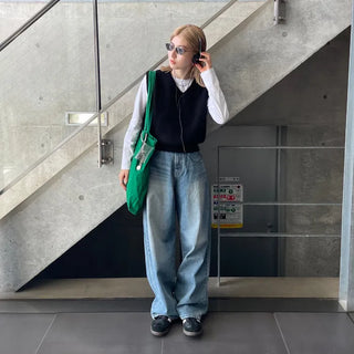 Washed wide-leg long denim pants
