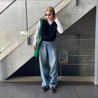 Washed wide-leg long denim pants