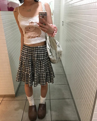 Tartan check tiered midi skirt