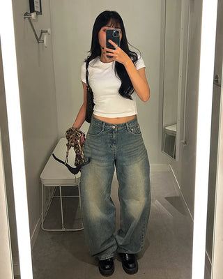 Whiskered Wash Baggy Jeans
