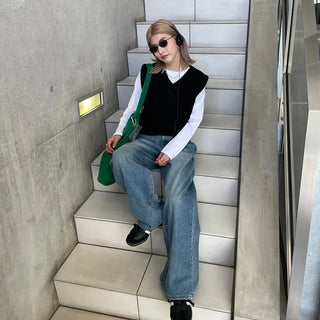 Washed wide-leg long denim pants