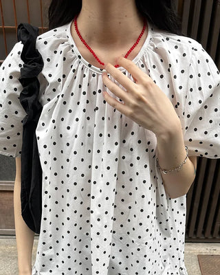 Dot pattern shirred short-sleeved dress