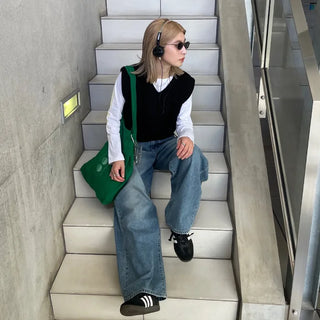 Washed wide-leg long denim pants