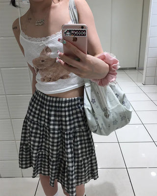 Tartan check tiered midi skirt