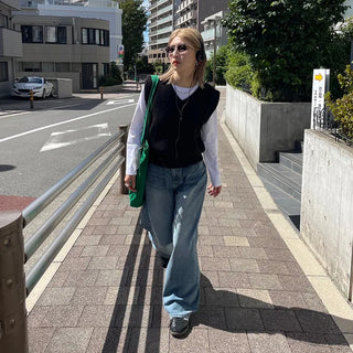 Washed wide-leg long denim pants