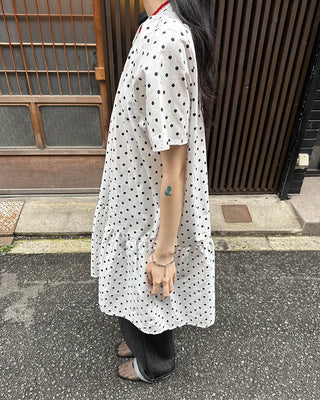 Dot pattern shirred short-sleeved dress