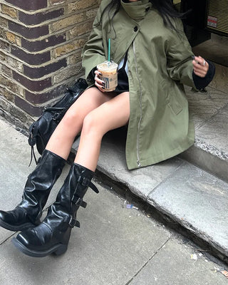 Stand Collar Zip Fly Flare Half Trench Coat