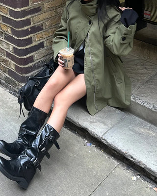 Stand Collar Zip Fly Flare Half Trench Coat