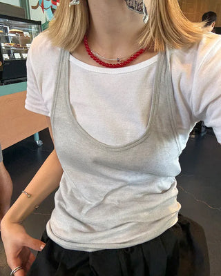 Jewel neck simple short T-shirt