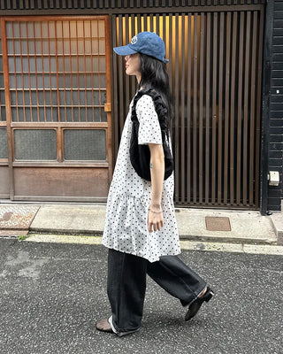 Dot pattern shirred short-sleeved dress
