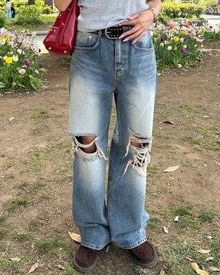 Vintage distressed wide-leg denim pants