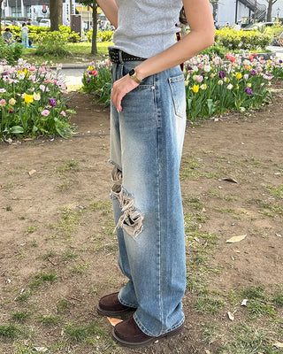 Vintage distressed wide-leg denim pants