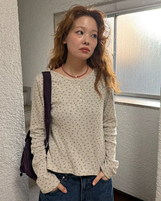 Henley Neck Flower Thermal Long T-Shirt