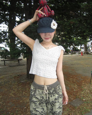 Mini Flower Cap Sleeve Semi-Cropped Top
