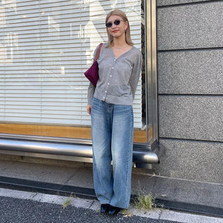 Washed wide-leg long denim pants
